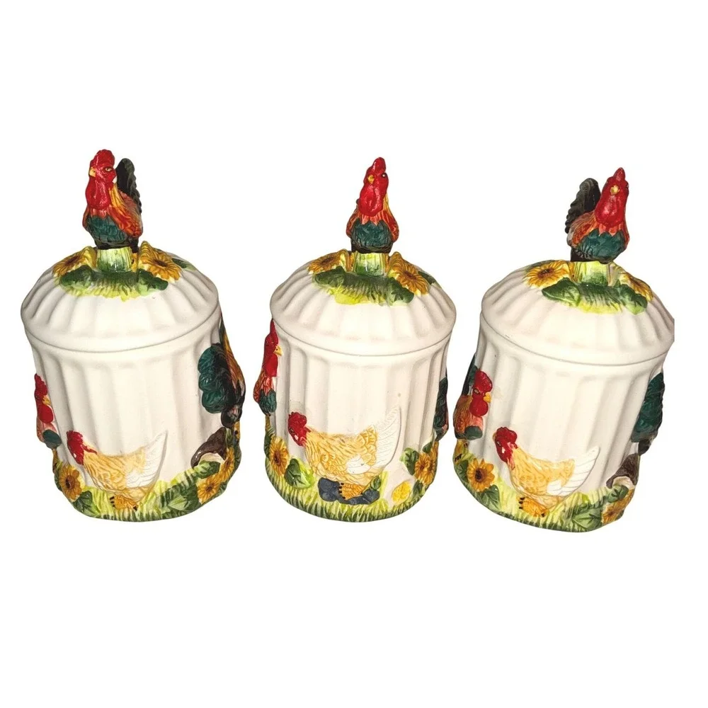 KMC Farmhouse Rooster Sunflower Canister Set Cottagecore Country Kitchen Decor‎